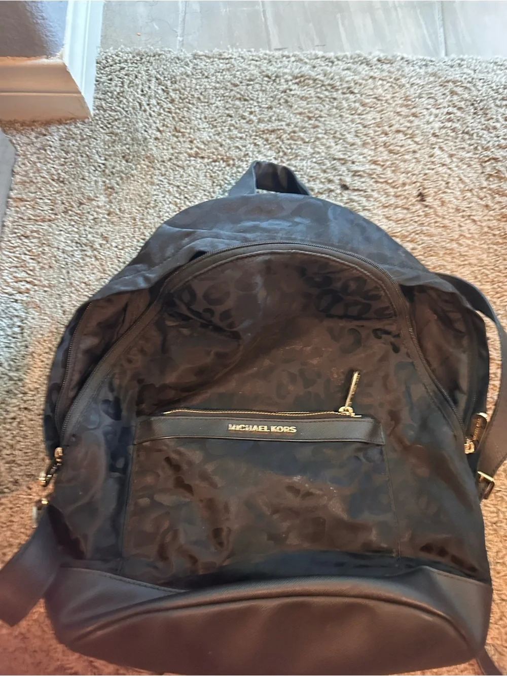 Michael Kors Black Leopard-Print Backpack with Gold Hardware